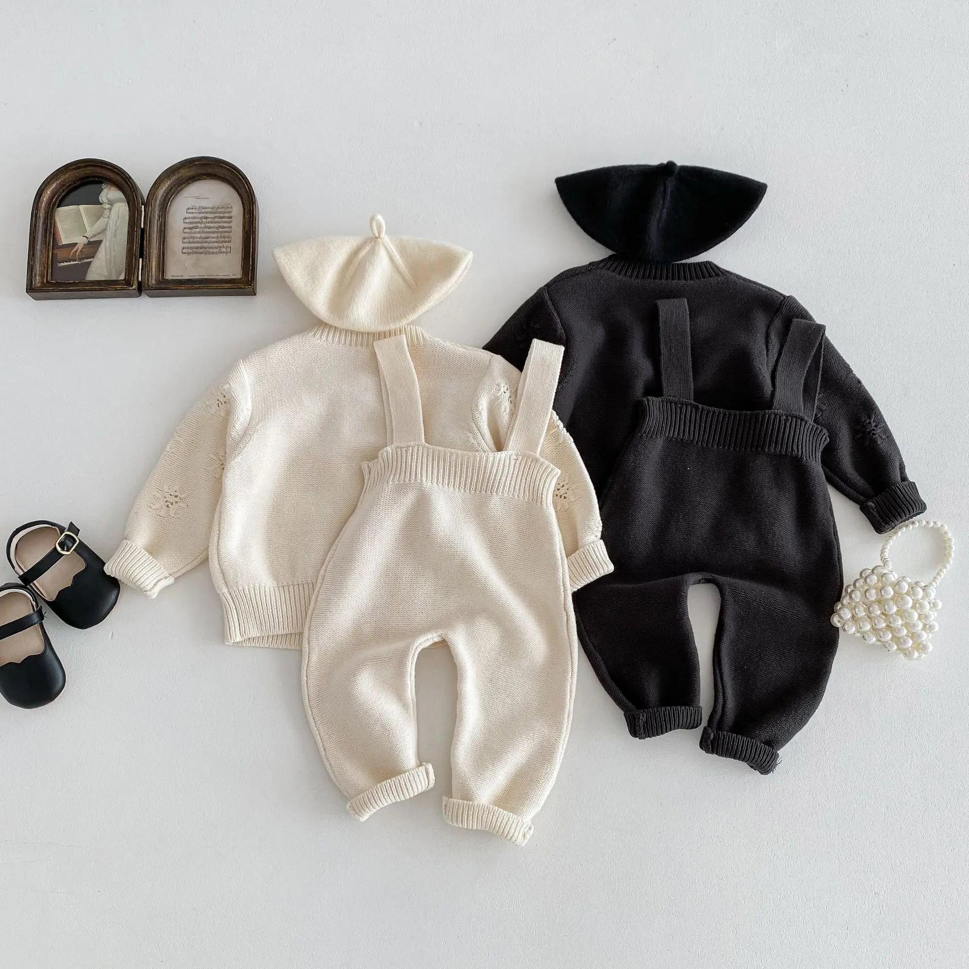 Infant Toddler Boy 2024 Spring 2PCS Knitwear Set Cotton Knitted Versatile Woolen Sweater Solid External Wear Shoulder Straps Set