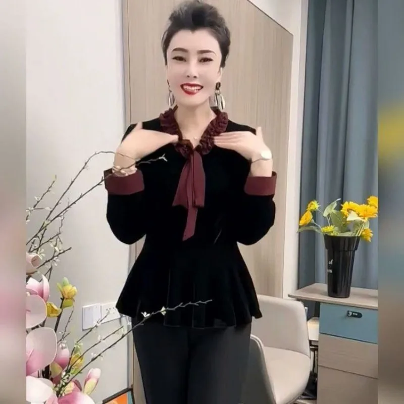 เสื้อท็อปแขนยาวทรงหลวมสไตล์แฟชั่น ผ้ากำมะหยี่สีทองใหม่ล่าสุด กระชับเอว ช่วยให้ดูอ่อนเยาว์ ใส่ได้หลากหลายโอกาส