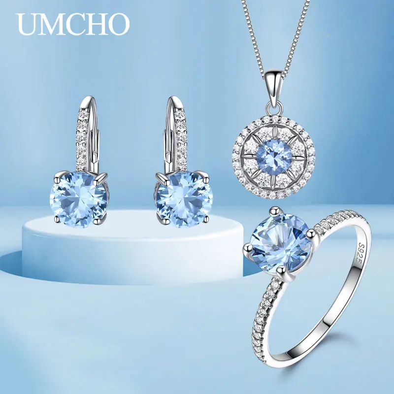 

Umcho 925 Sterling Silver Nano Sky Blue Topaz Jewelry Rings Drop Earrings Necklaces For Women Wedding Gift