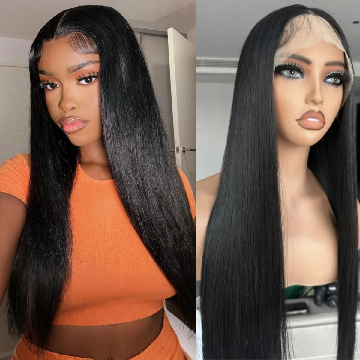 

Straight 220% Density Natural Color 13x4 Transparent Lace Front Wigs Human Hair 30 Inch Pre Plucked Lace Frontal Wig For Women1B