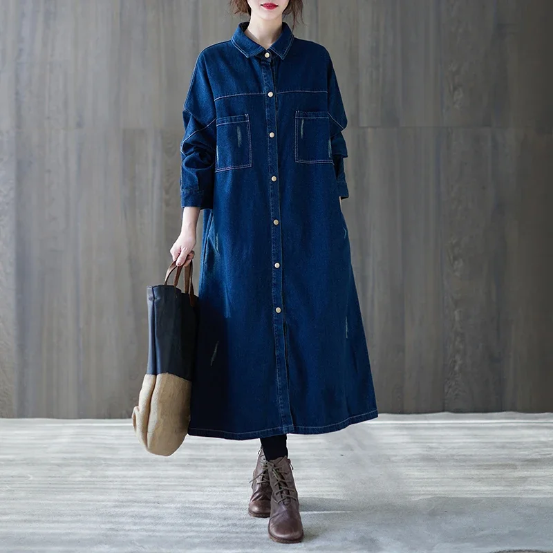 Women Fall Winter Long Denim Jacket Jean Turn Down Collar Pockets Korea Single Breasted Coat Thicken Warm Outerwear