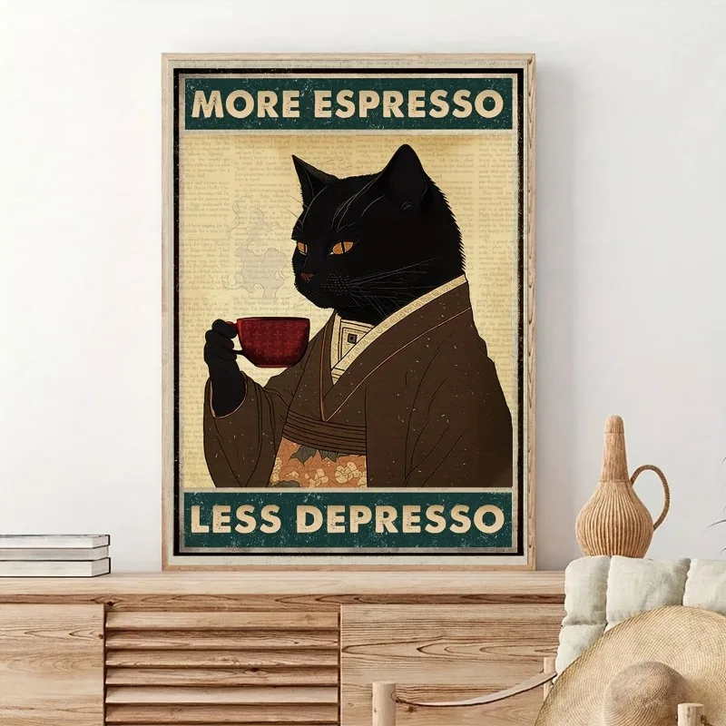 1pc Unframed Vintage Black Cat Espresso Print Canvas Poster, Canvas Wall Art, Artwork Wall Painting Home and Dormitory Decor