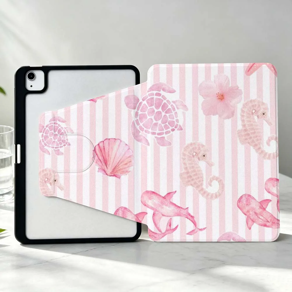 Striped Turtle Shell Whale For iPad Pro Air mini 6 5 4 12th M5 M4 M3 M2 A16 A17Pro 360° Rotation Stylus Storage Tablet Case Soft