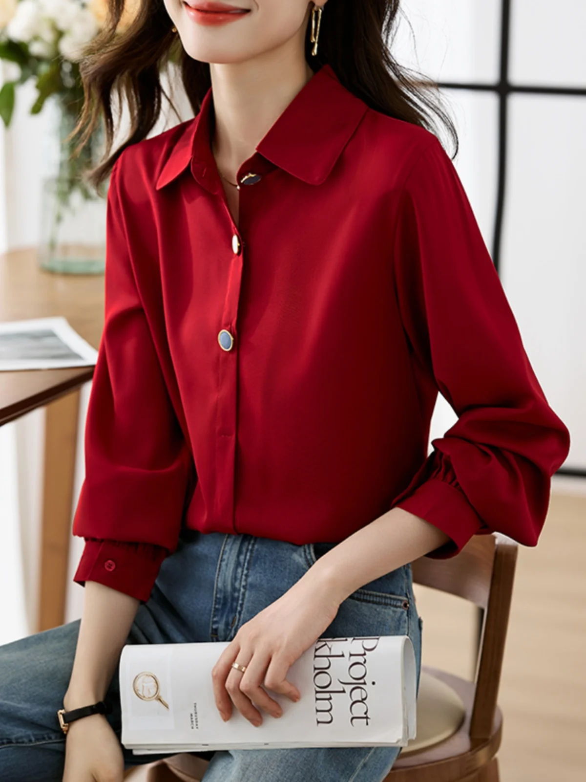 

Красная женская модная блузка с индивидуальным дизайном, новинка весна-осень 2026, универсальная, для офиса, с длинным рукавом