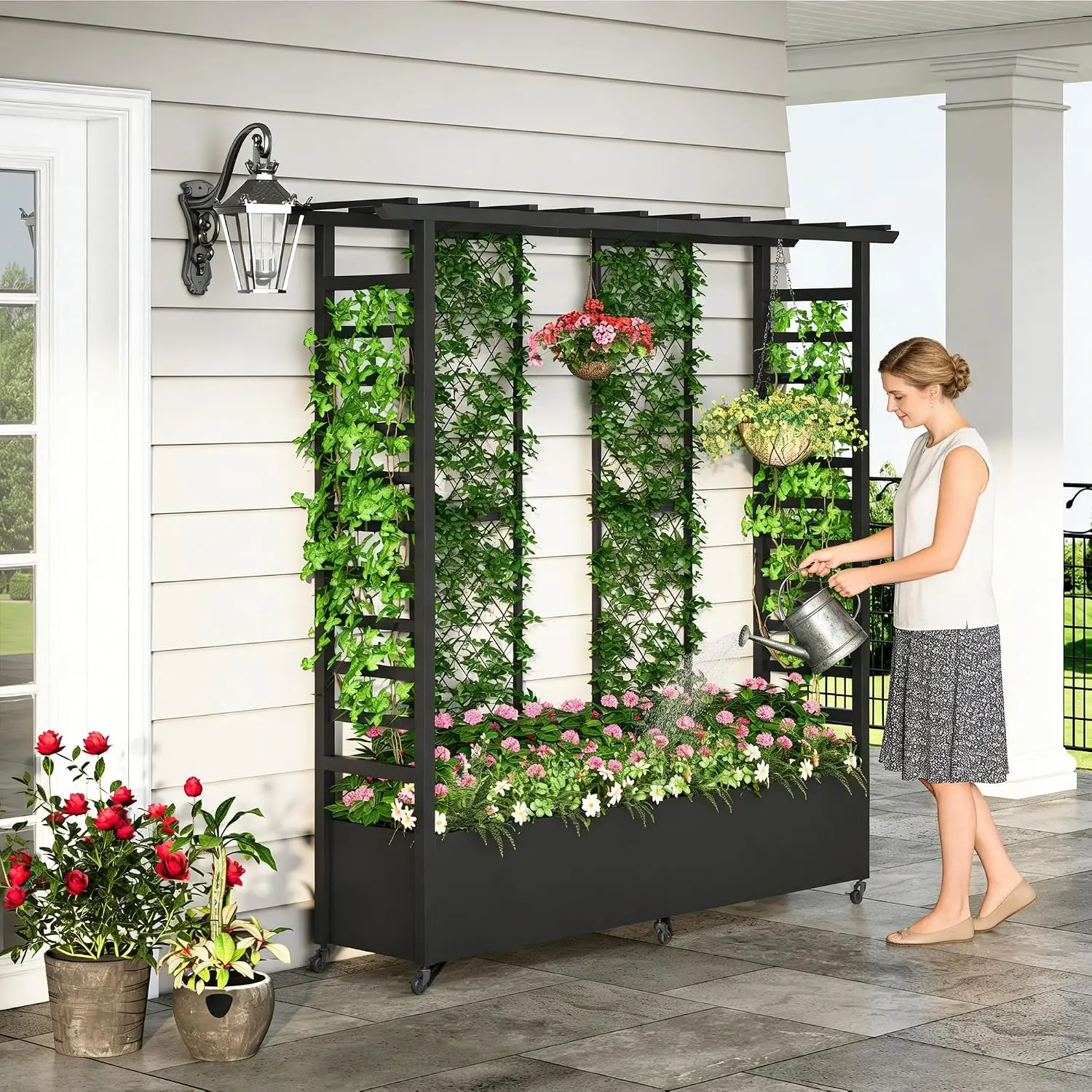 Raised Garden Bed with Trellis & Hanging Roof, Weatherproof Metal Planter Box with Wheels, Garden Arch Trellis for, Customized