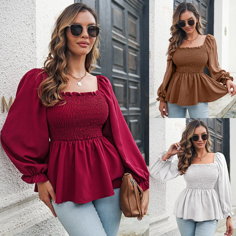 

Spring Summer Women Black Blouses Cute Mushroom Edge Square Collar Lantern Long Sleeved Pleated Peplum Ruffle Chiffon Shirts Top
