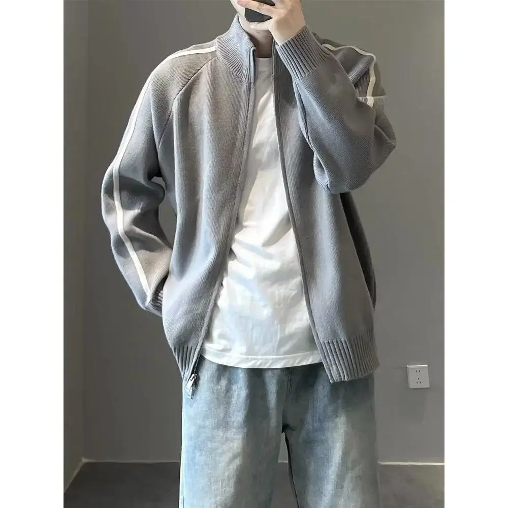 

Осень-зима, корейский вязаный джемпер на молнии, мужской длинный све, повседневный свободный простой вязаный открытый кардиган с воротником-стойкой, ку...