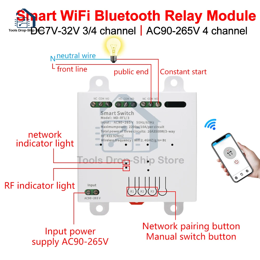 

DC7-32V AC90-260V WiFi Bluetooth релейный модуль 3/4 канала переключатель реле Jog/самоблокировка/блокировка 433 МГц RF пульт дистанционного управления