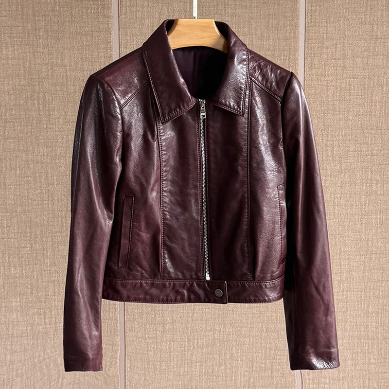 Casual Real Leather Motorcycle Jacket For Women 2025 New Fashion Wax Leather Wine Red Female 100% Sheepskin Slim-fit Jacket Coat