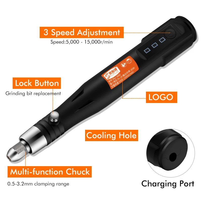 Imagem -03 - Caneta de Gravura Usb Mini Moedor Elétrico 15000rpm Kit de Ferramentas Rotativas Velocidades Ajustáveis Retificadora para Ferramenta Dremel