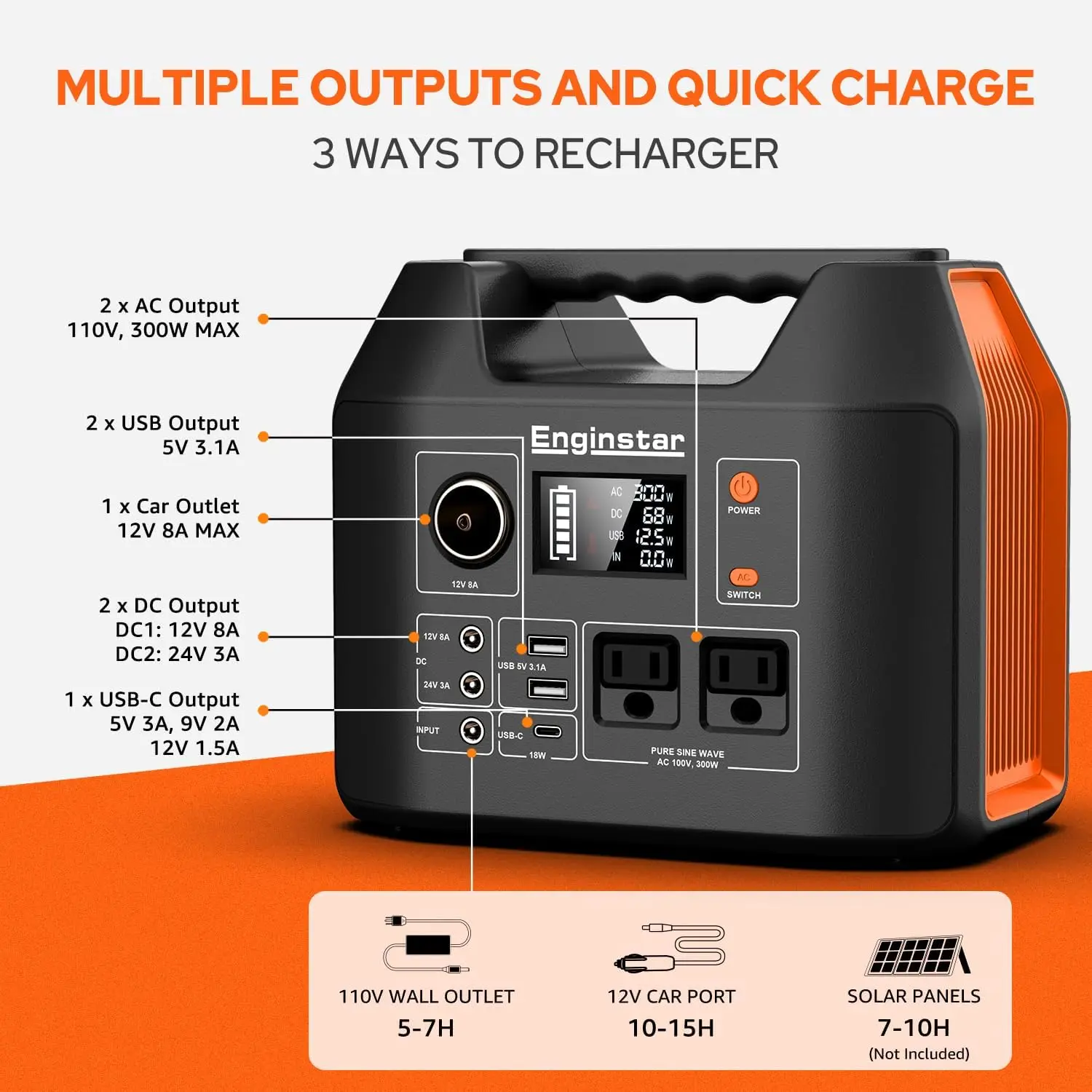 EnginStar Portable Power Station 300W 296Wh Battery Bank with 110V Pure Sine Wave AC Outlet for Outdoors Camping Hunting and Eme