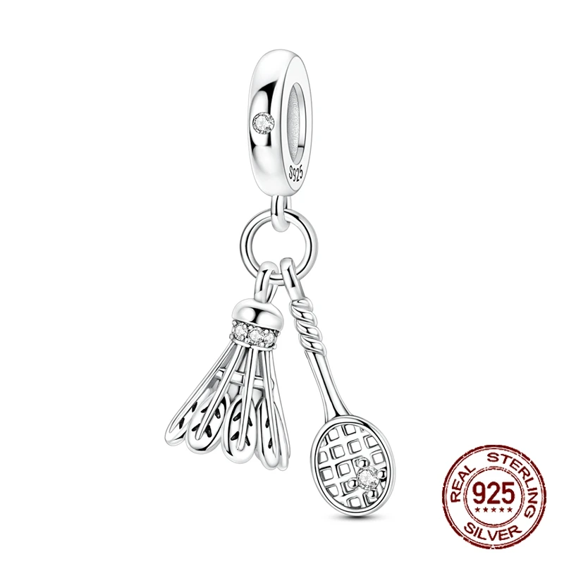925 Sterling Silver Badminton Racket & Shuttlecock Dangle Charm Sporty Style Pendant Fit Bracelets Jewelry Gift for Women