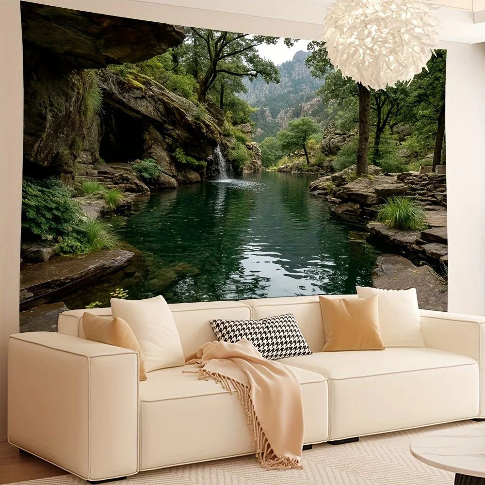 Cave Stream Tapestry, Hidden Waterfall in Rocky Gorge with Clear Water, Nature Scenery Wall Art for Living Room Bedroom Decor