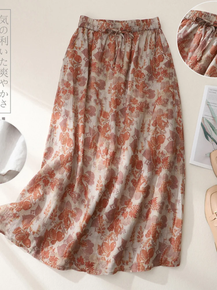 

Retro Floral Cotton Linen A-Line Skirt High Waist Slimming Midi Skirt Women's Faion Commute Sle Gathered Waistline