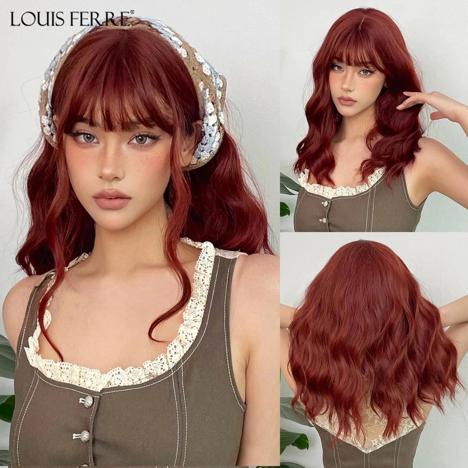 

Synthetic Red Brown Curly Wig With Bangs For Women Medium Length Wavy Fake Hair For Daily Party Cosplay Use Heat Resistant Fiber