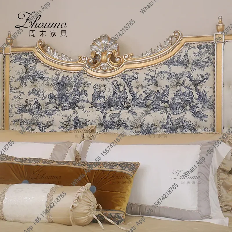 C Medieval Style Solid Wood Gold Double Bed Luxury Palace Style Carved Bedroom Wedding Bed French Soft Bag Bedside Single Bed