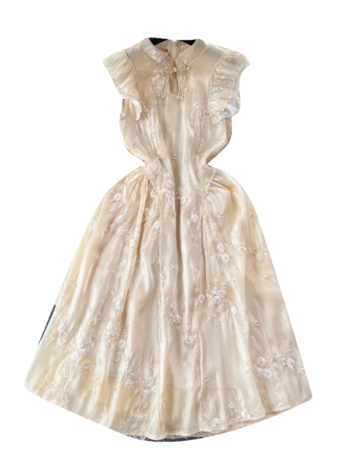 신상 중국 스타일 고급 여성 드레스 2024 신상 민족 스타일 단추 장식 허리 조임 자수 우아한 여성 가운 롱 드레스