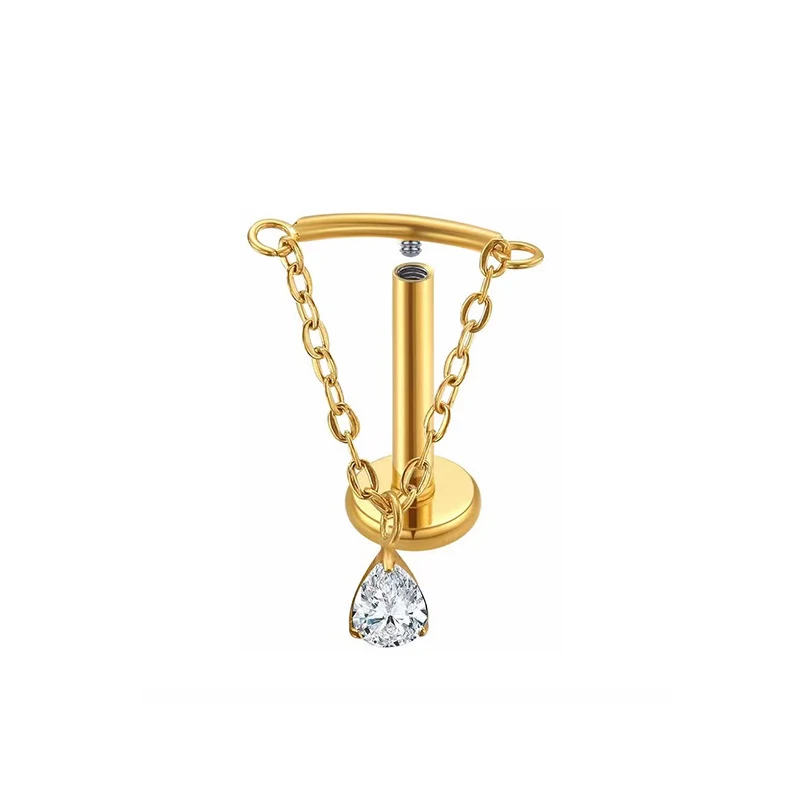 Titanium Piercing Labret Stud with CZ Flower Pendant Chain