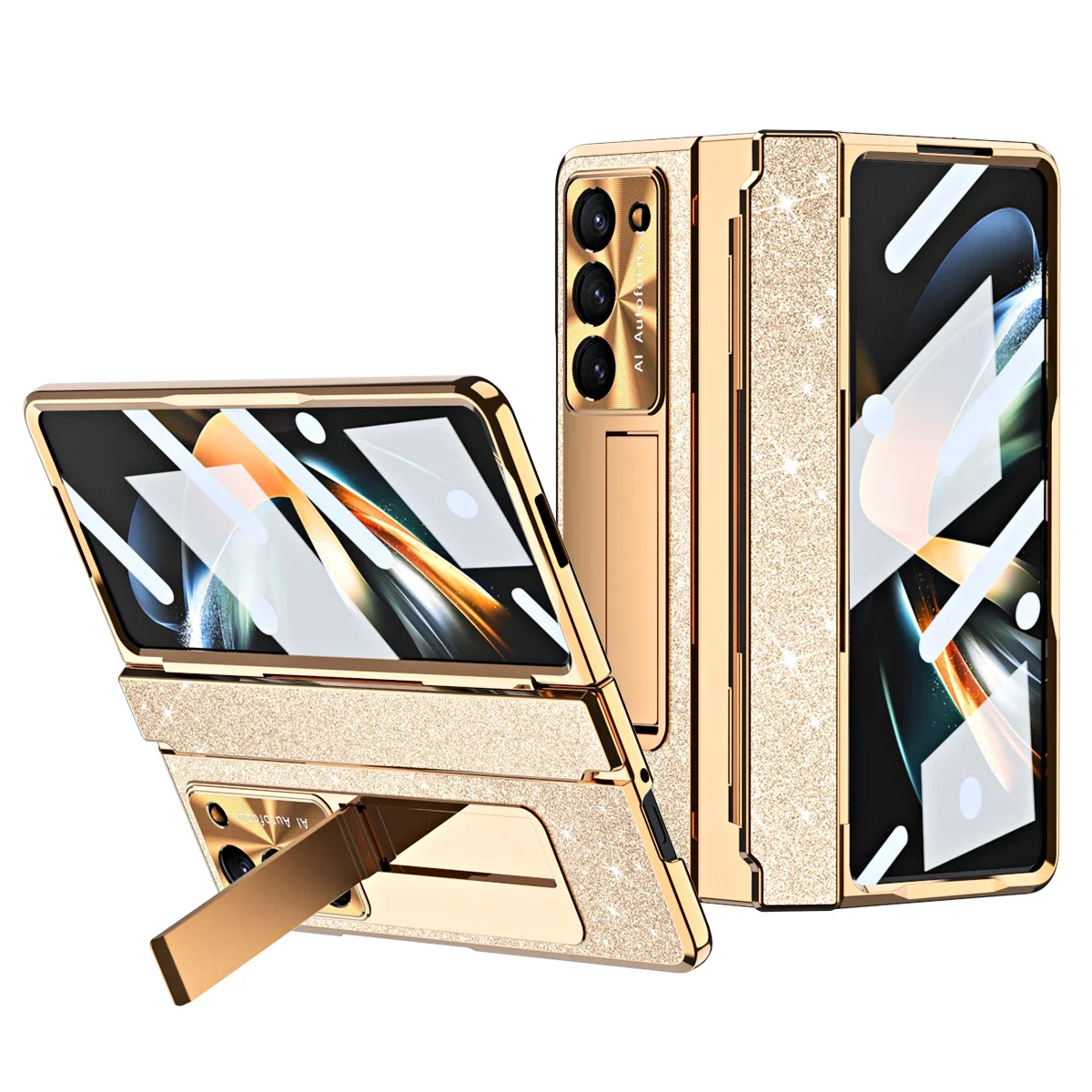 

For Samsung Galaxy Z Fold 5 Z Fold 4 Z Fold 3 5G Case with Screen Protector Luxury Frosting One-Piece Plating Stand Cover Gold