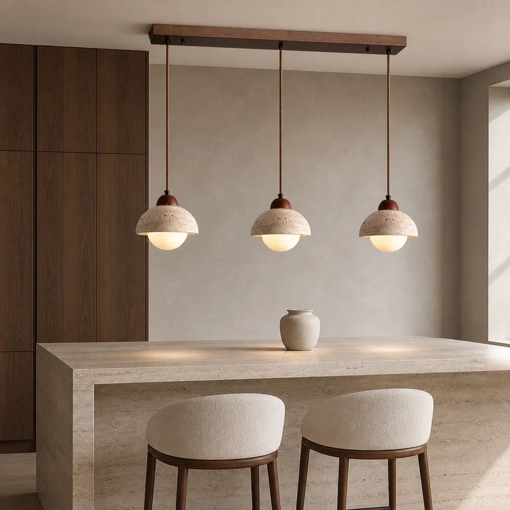 Yellow Travertine 3-Head Kitchen Pendant Light Wabi Sabi LED Hanging Lamp Linear/Round Canopy for Dining Room Living Room Decora