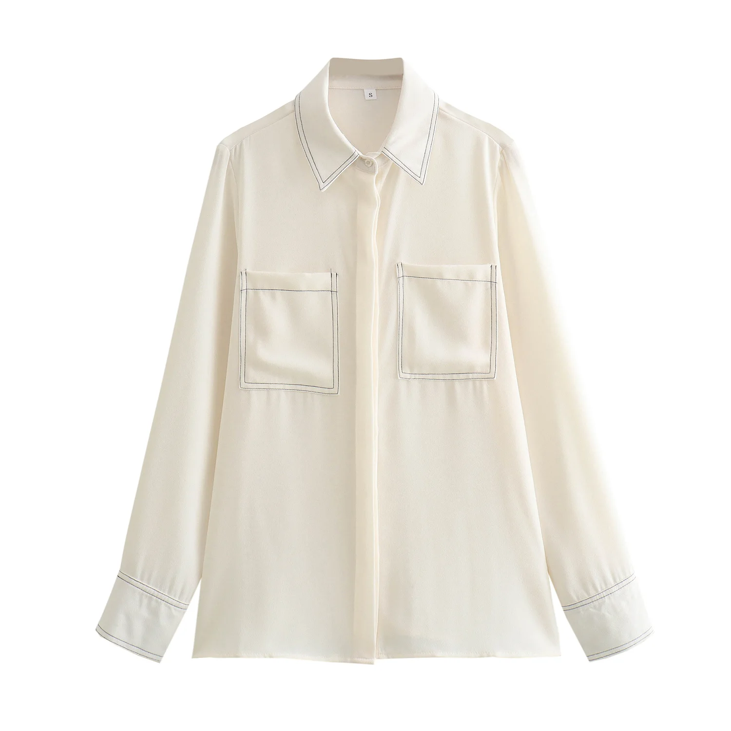 

TRAF Women 2025 Spring New Fashion Tongle Style Contrast Color Woven Shirt Chic Pocket Long Sleeve Top Blouses Mujer