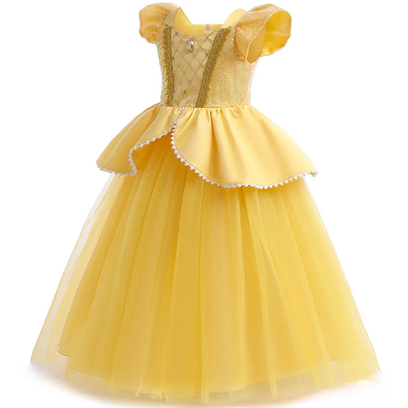 Girls Belle Princess Dress Halloween Cosplay Costume Birthday Party Kids Dresses for Girls Magic Stick Crown Children Clothing