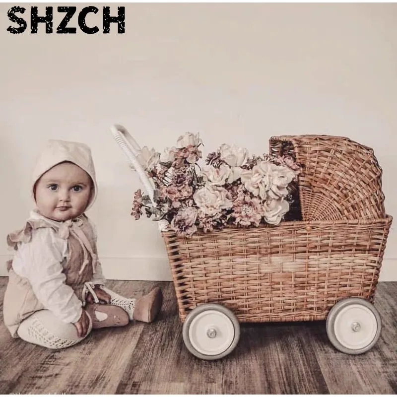 Ins Weave Baby Stroller Nordic Toy Storage Basket for Living Room Studio Photography Prop Minimalist Rattan Pram for Home Decor