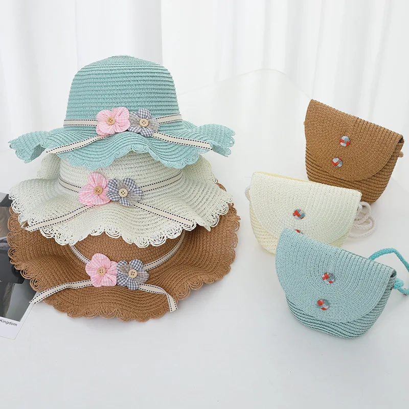 Fashion Summer Children Sunscreen Straw Hat Bag Weaving Grass Cap Cool Sun Hat For Girl Cute Breathable Baby accessories