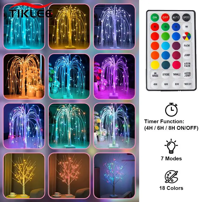 Willow Night Light LED Birch Tree 18Colorful 7Mode Lighting Remote Table Lamp For Home Bedroom Indoor Atmosphere Halloween Decor