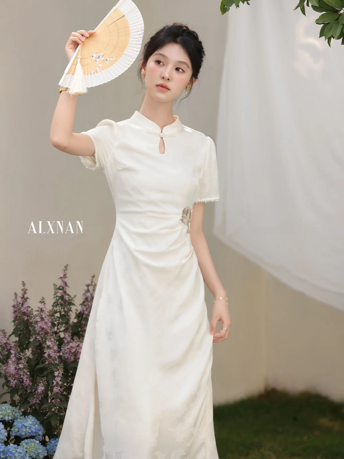 Nouveau chinois Sle Midi Dr Yellowi Beige femmes Dr été nouveauté Ele a-ligne jupe motif Floral rond Ne