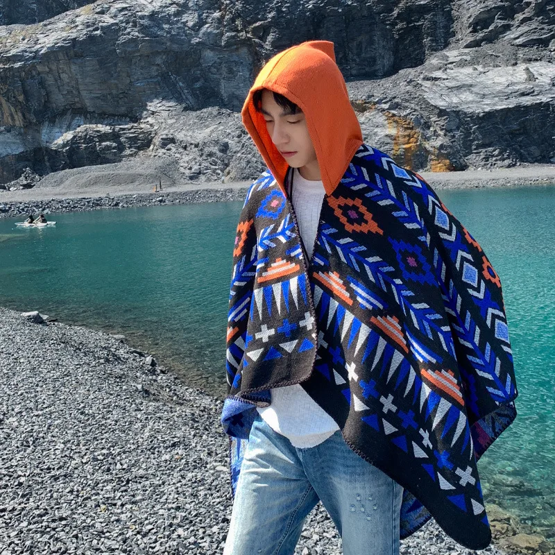 Men's Poncho Ethnic Style Hooded Cape with Hooded Scarf for Travel Cloak Photography and Warm Outerwear Gift P1