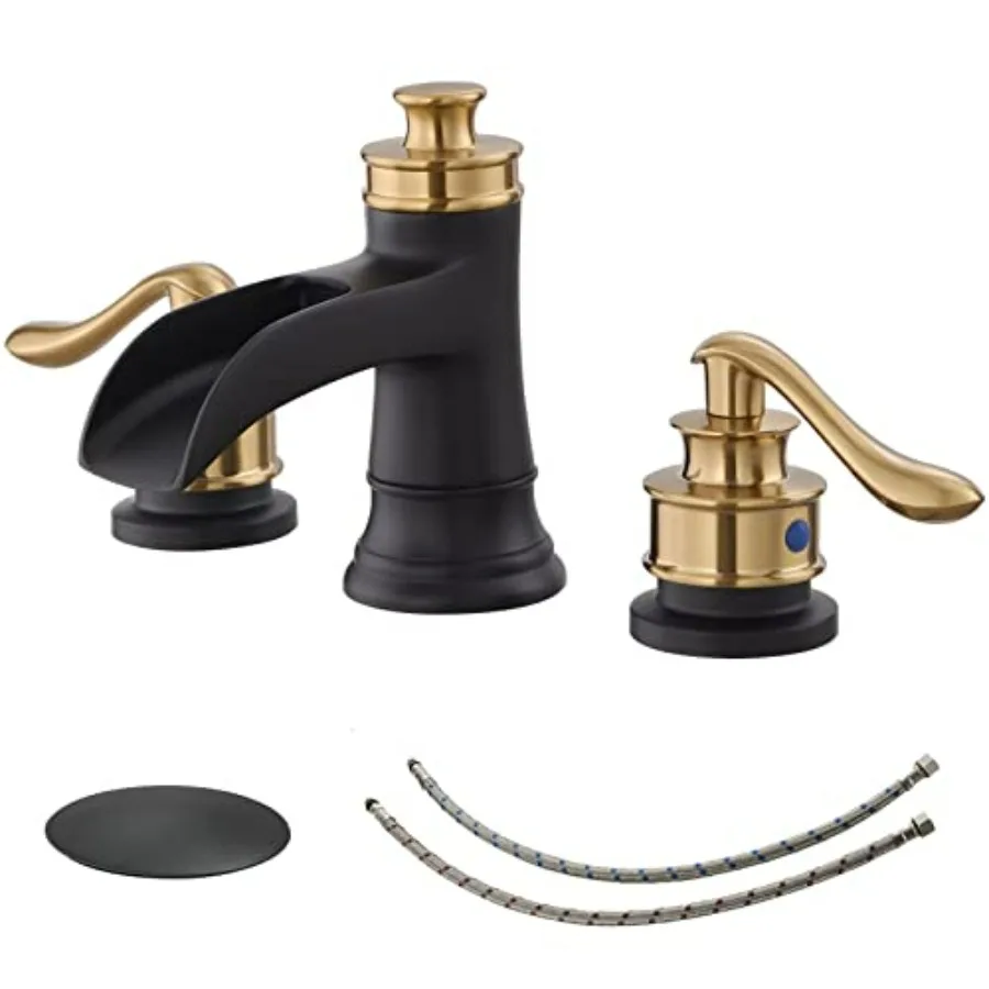 

Widespread Bathroom Faucet 3 Hole Black and Gold 8 Inch Two Handles Commercial Bathroom Sink Faucet with Brass Pop Up Drain Sto