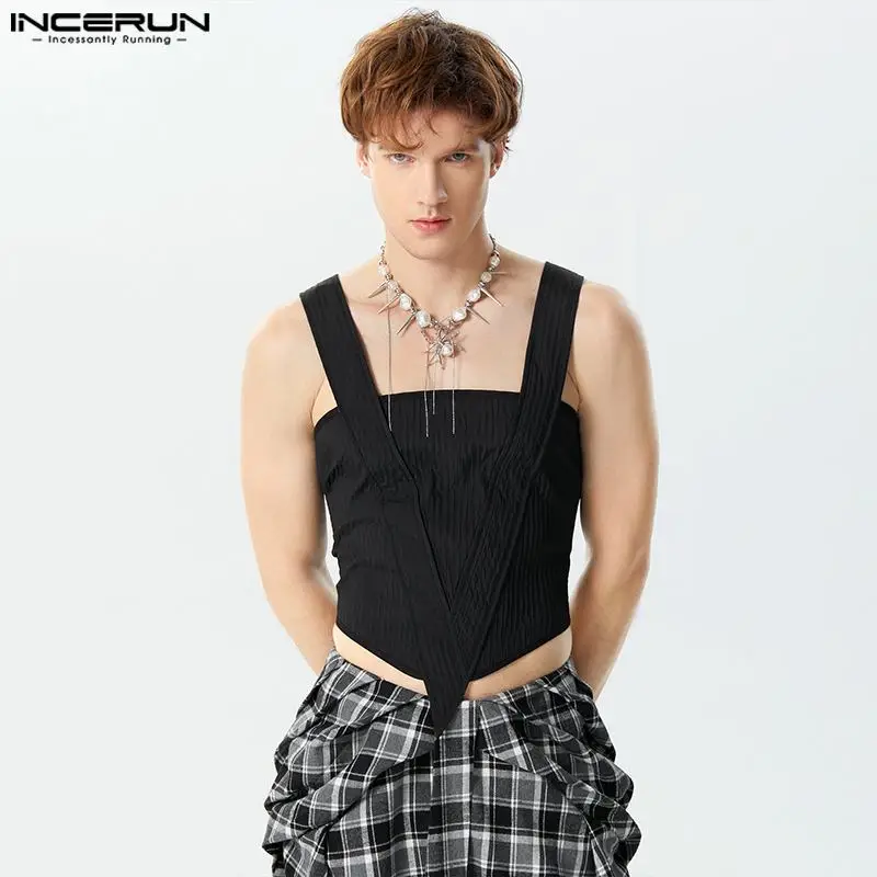 Fashion Casual Style Tops INCERUN New Men\'s Patchwork Hollow Vests Male Sexy Solid Color Cropped Sleeveless Tank Tops S-5XL 2024