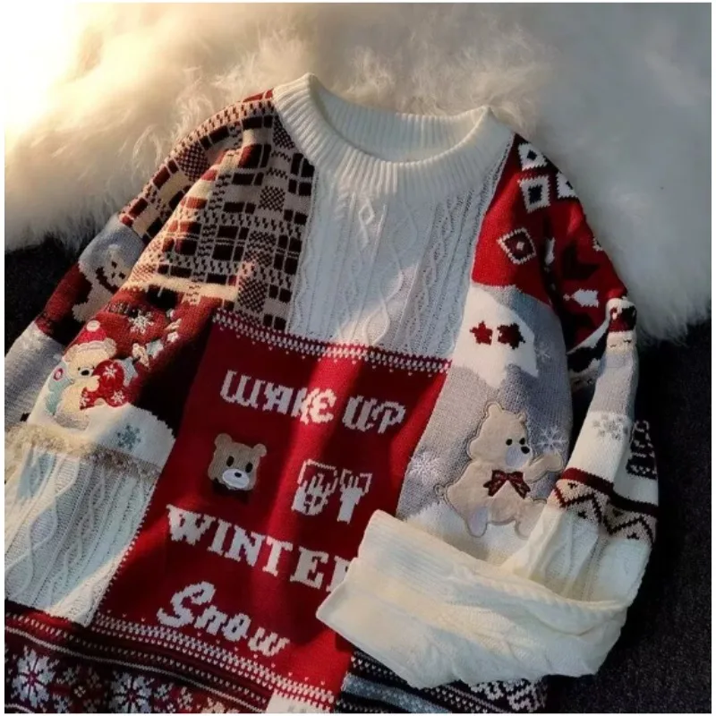 Fashion Japanese Retro Twist Christmas Sweater Winter Loose Round Neck Long Sleeve Versatile Jacket for Men