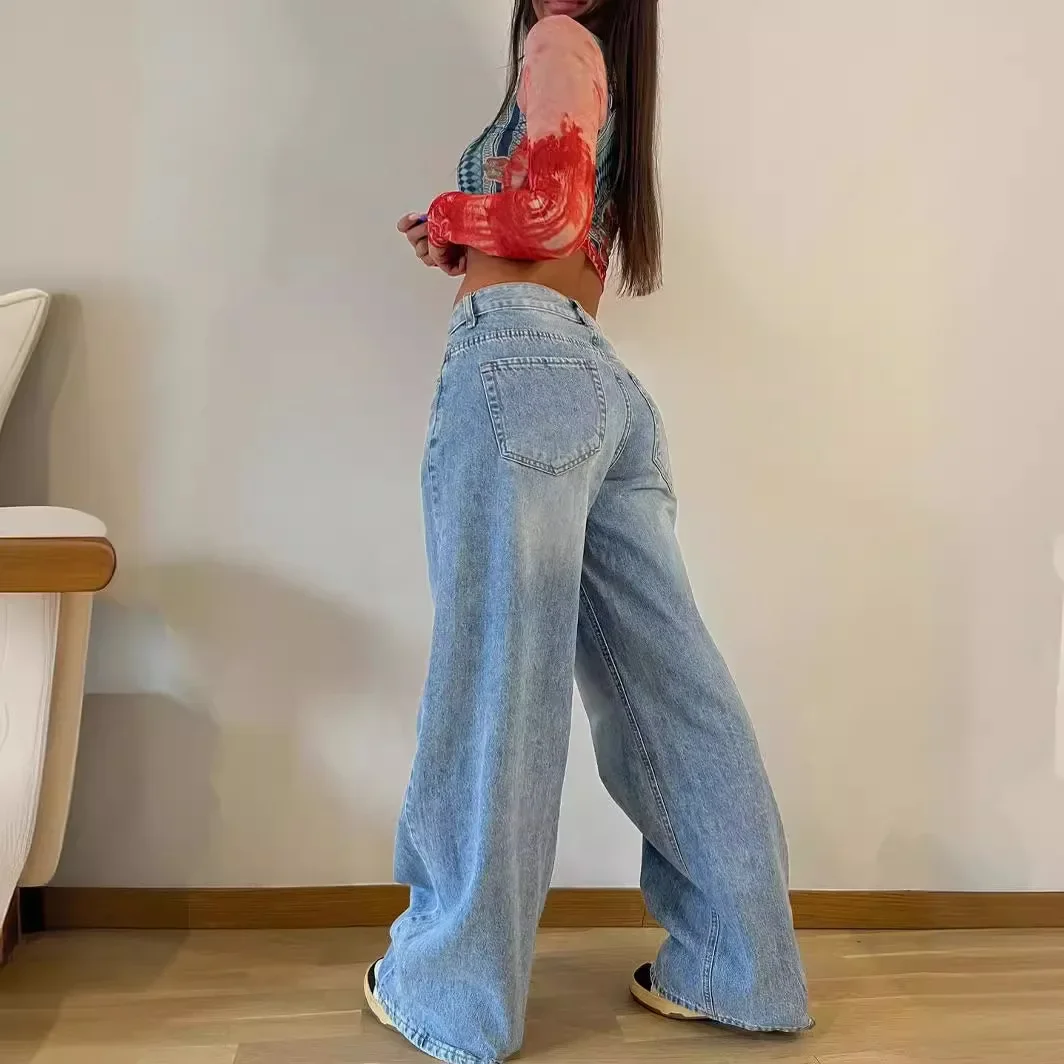 Autunno nuovi pantaloni lunghi a gamba larga da donna semplici retrò moda jeans larghi a gamba dritta a vita alta da donna