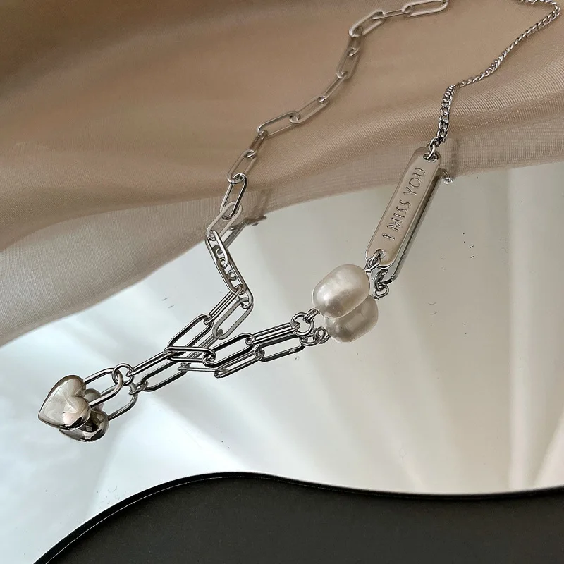 925 Sterling Silver Necklace I Miss You Tag Pearl Asymmetric Heart Geometric for Women Girl Jewelry Gift Dropshipping Wholesale