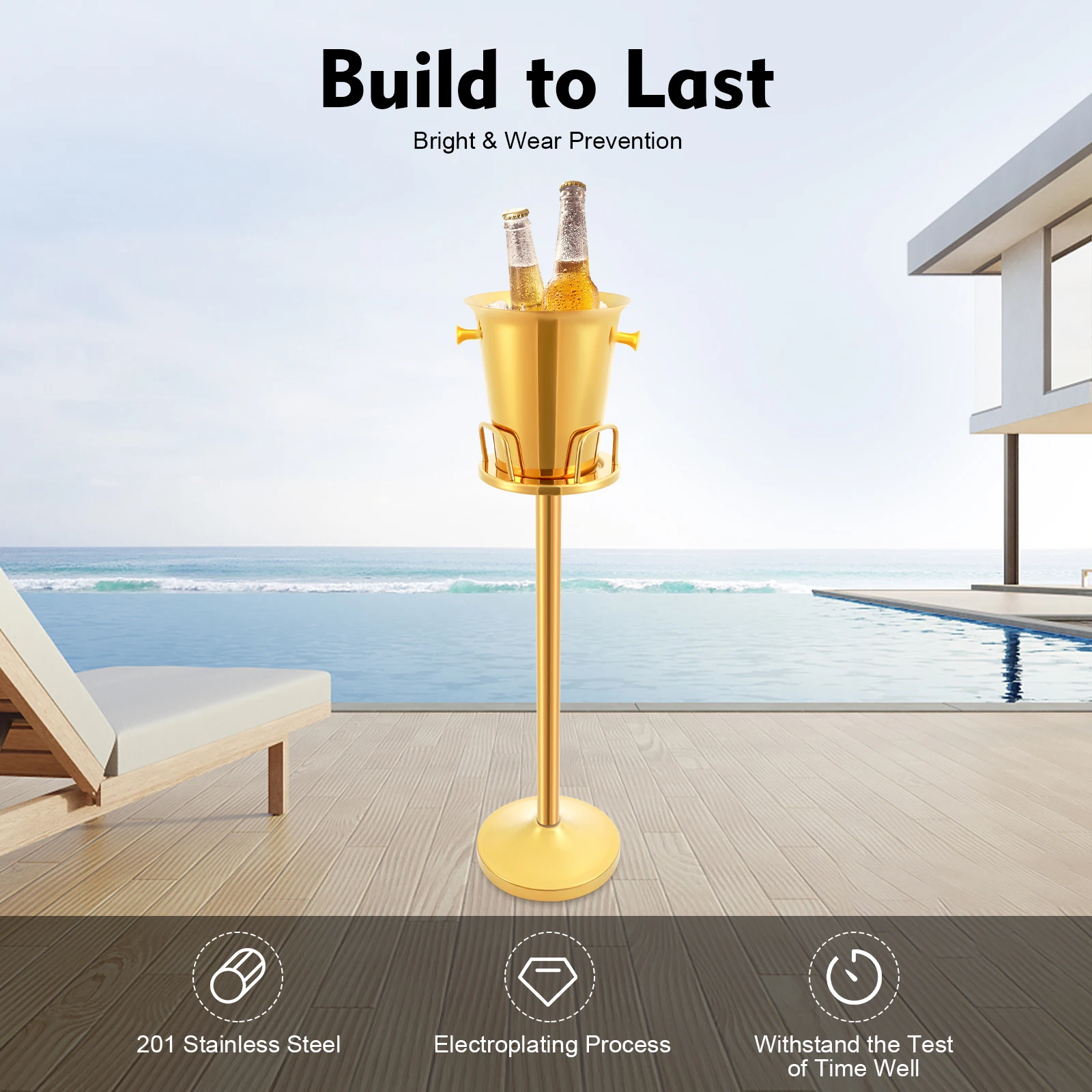 

Titanium Gold Ice Bucket W/ Stand Stainless Steel Ice Bucket Drink Cooler Beverage Tub W/ Stand, Ice Beer Bucket For Parties