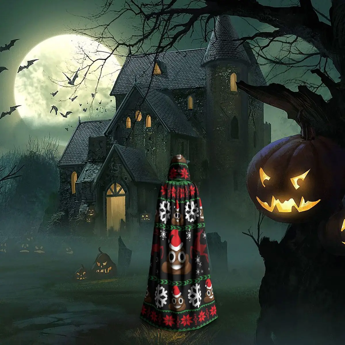 Funny Poop Christmas Gifts Ugly Funny Christmas Sweaters Style Long Hooded Cloak Witch Medieval Costume Cosplay HalloweenCoat