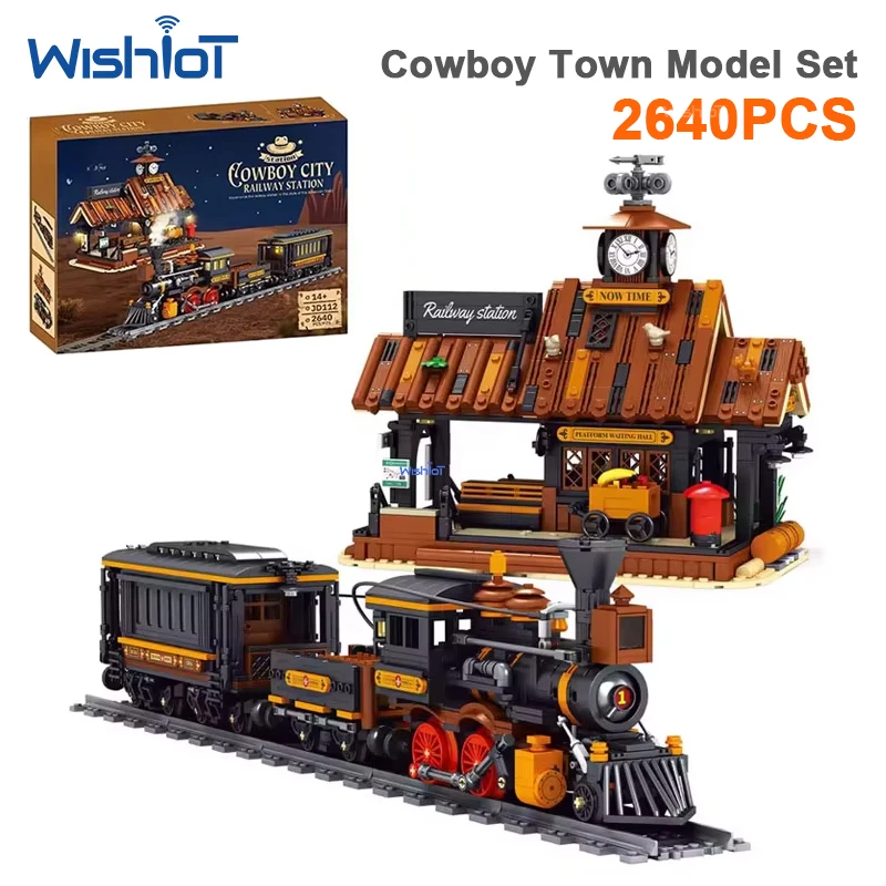 

JD112 2640PCS Western Cowboy Railway Station Building Blocks Modular Architecture Model Set With LED Light For Kids