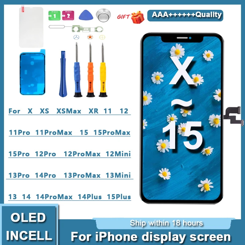 AAA NEW OLED For iPhone X XR XS Max LCD Incell For iPhone 11 12 13 Pro Max 13 Mini 14 Plus 15  Display Screen Digitizer Assembly