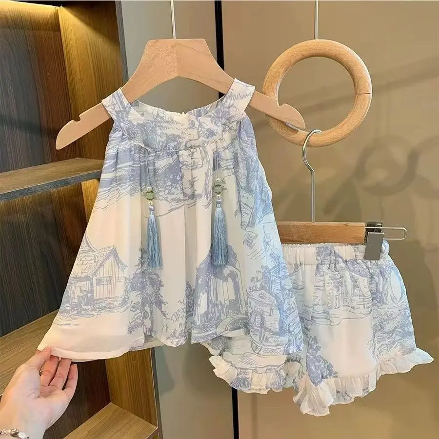 

Girls Summer Set New Chinese Style Suspended Tank Top Skirt Shorts 2-piece Set Children's Baby Fashion Clothing Set