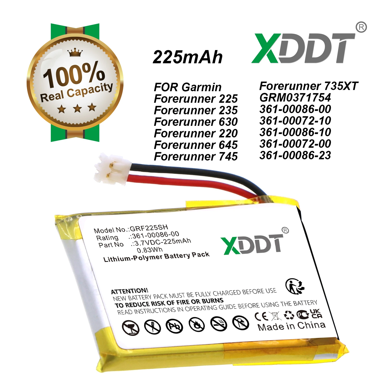 Batería de repuesto XDDT de 225mAh 361-00086-10 361-00086-00 para Garmin Vivoactive 4 Forerunner 235 220 225 630 645 735