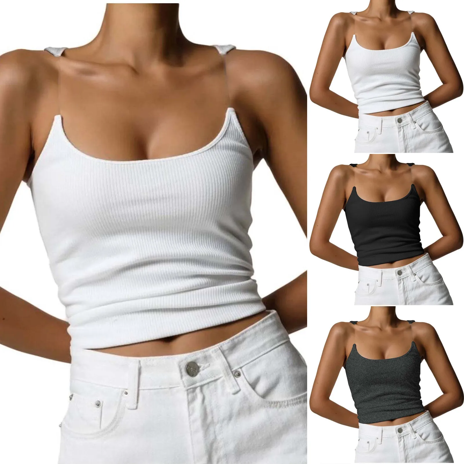 New Invisible Strap Tank Top For Women Knit Ribbed Sleeveless Basic T-Shirt Cropped Corset Bustier Tops With Open Shoulder Tank