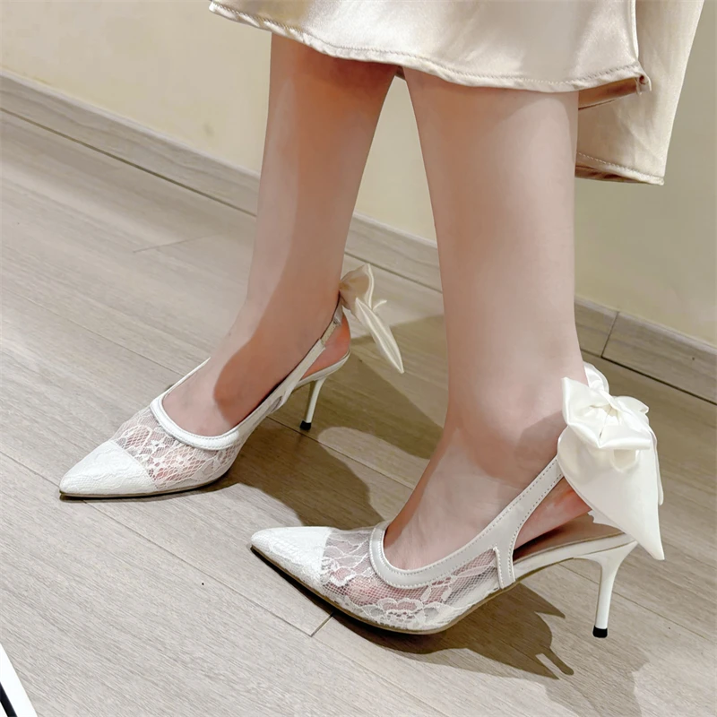 Eilyken Fashion Mesh Women Pumps Sandal Thin High Heel Pointed Toe Ladies Elegant Slingback Hollow Out Shoes Zapatos Mujer