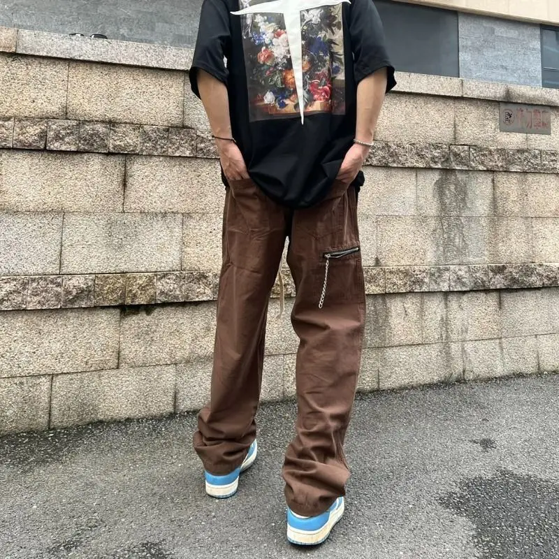 

High Street Casual Pocket Chain Men's Cargo Pants Classic Waist Drawstring Summer Solid Color Loose All-match Male Trousers