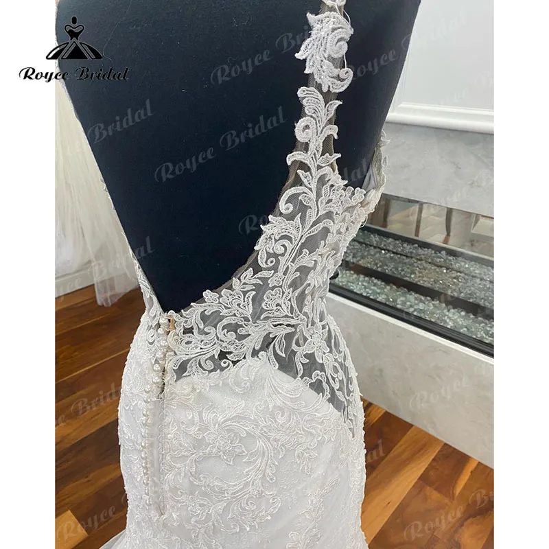 Elegancka koronka aplikacje syrenka/trąbka tiul O-Neck suknia ślubna bez pleców suknie ślubne dla panny młodej vestido de casamento princesa