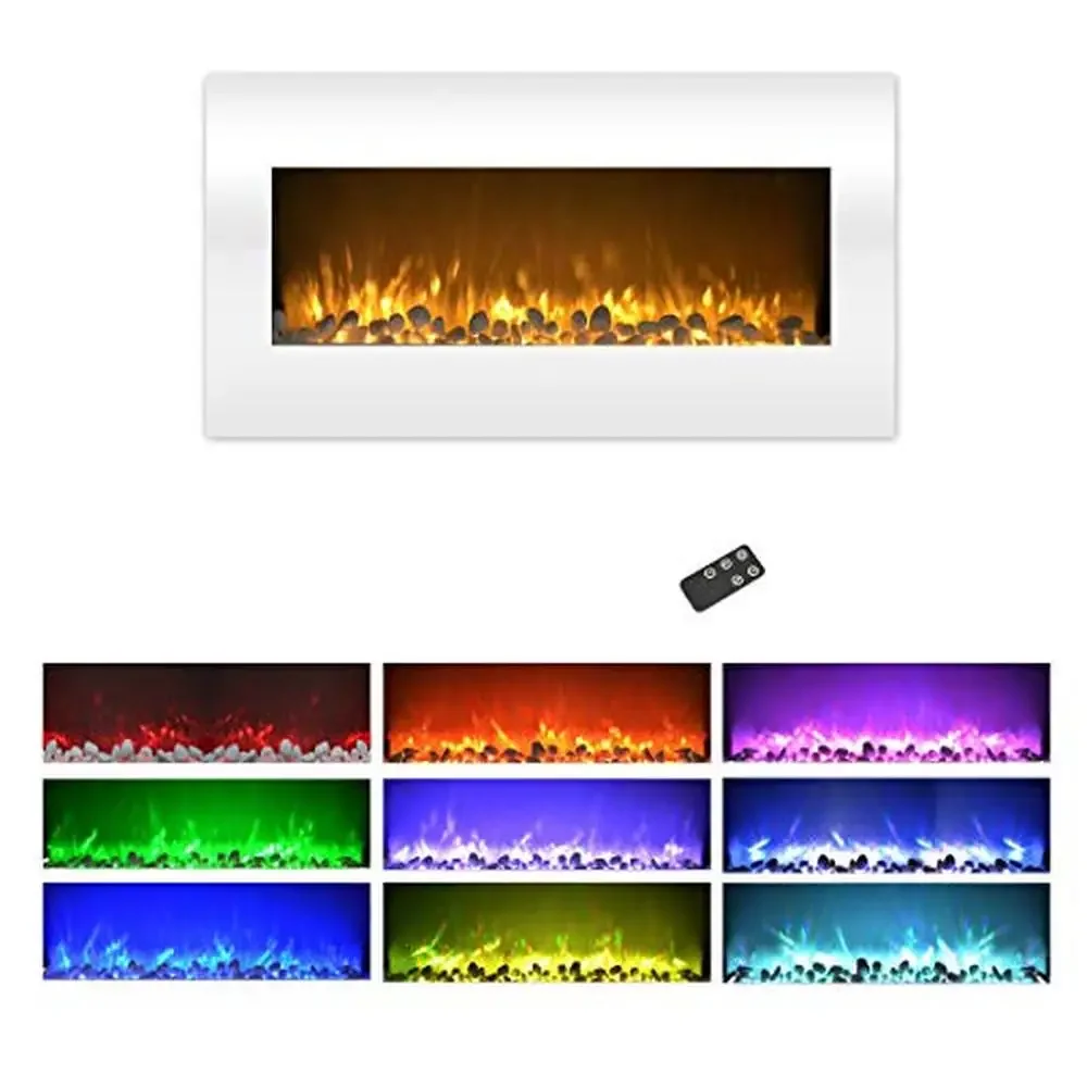 LED Electric Fireplace Wall Mounted Remote Control 36-Inch White Tempered Glass Steel Frame