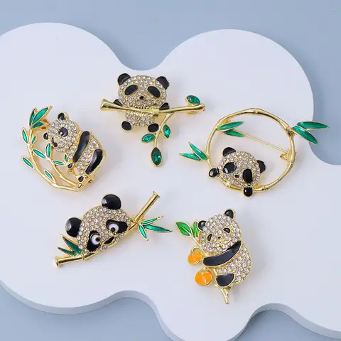 Exquisite Rhinestone Animal Panda Brooches Metal Bamboo Leaf Pins Women Jewelry Accessories Gift