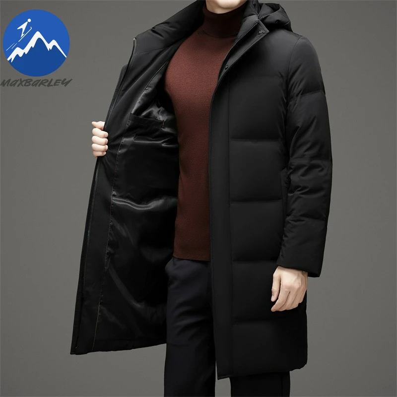 Maxbarley Mens Long Down Jacket Detachable Hood Outdoor Work Lightweight Padded Jackets Casual Urban Slim Thickened Winter Parka