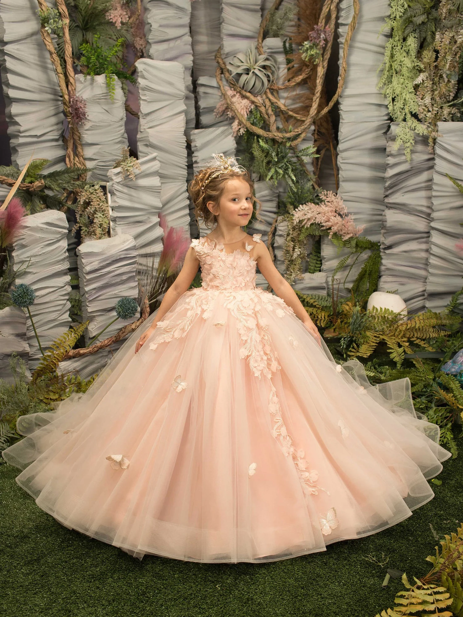 FATAPAESE Flower Girl Dresses for Wedding Pearl Pink Floral Tulle Luxury Princess Long Maxi Kids Bridesmaid Ball Gowns Birthday